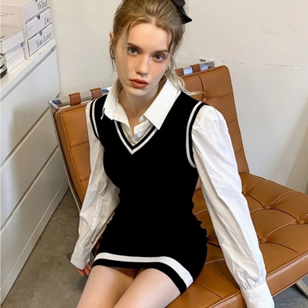 Black and White Sleeveless Sweater Dress with White Blouse